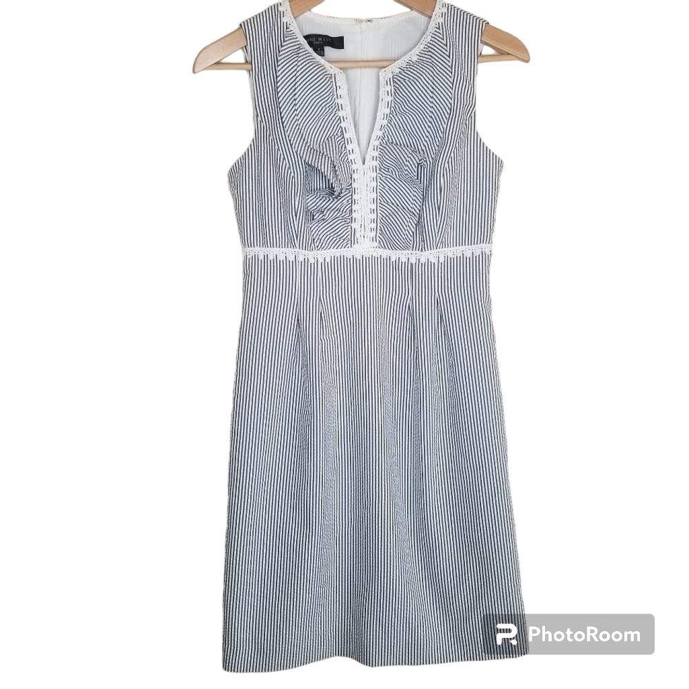 NINE WEST Striped  Sleeveless Seersucker Dress with Ruffle Front